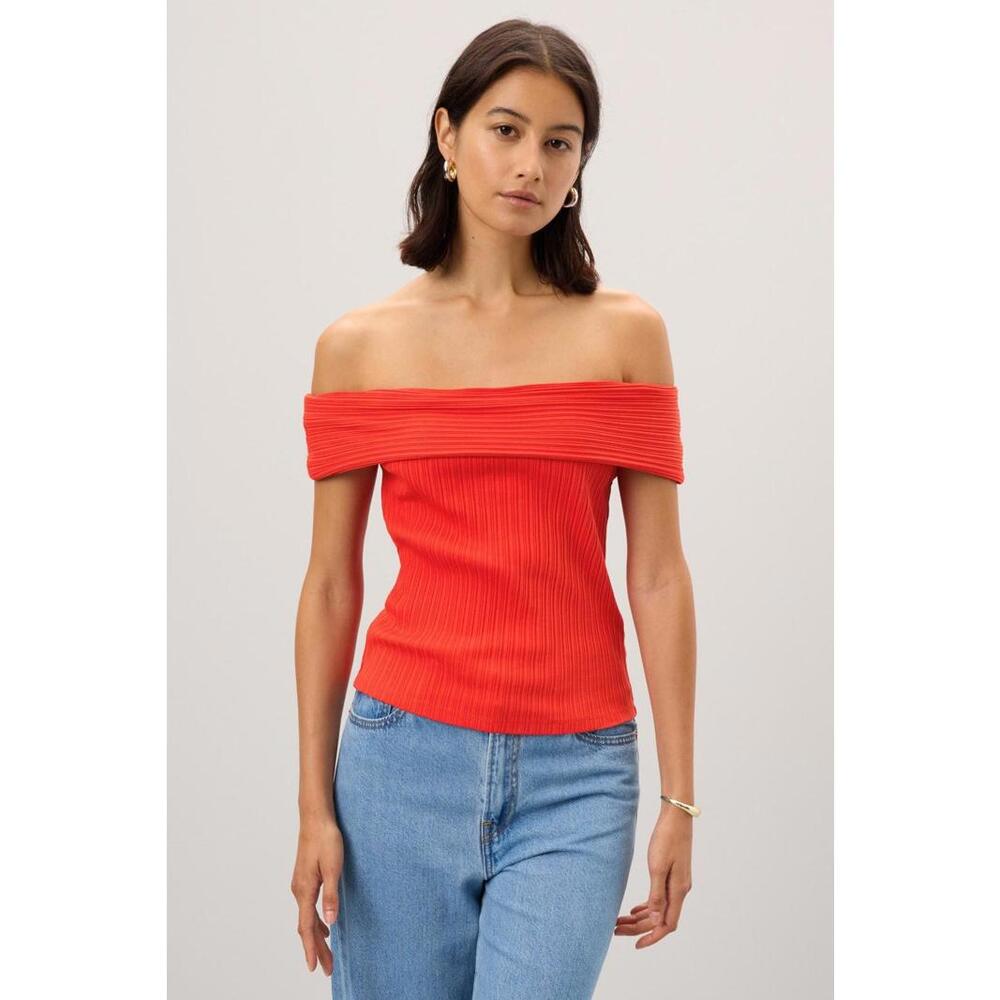 Madewell Red Ribbed Off-The-Shoulder Top Size S with Stains